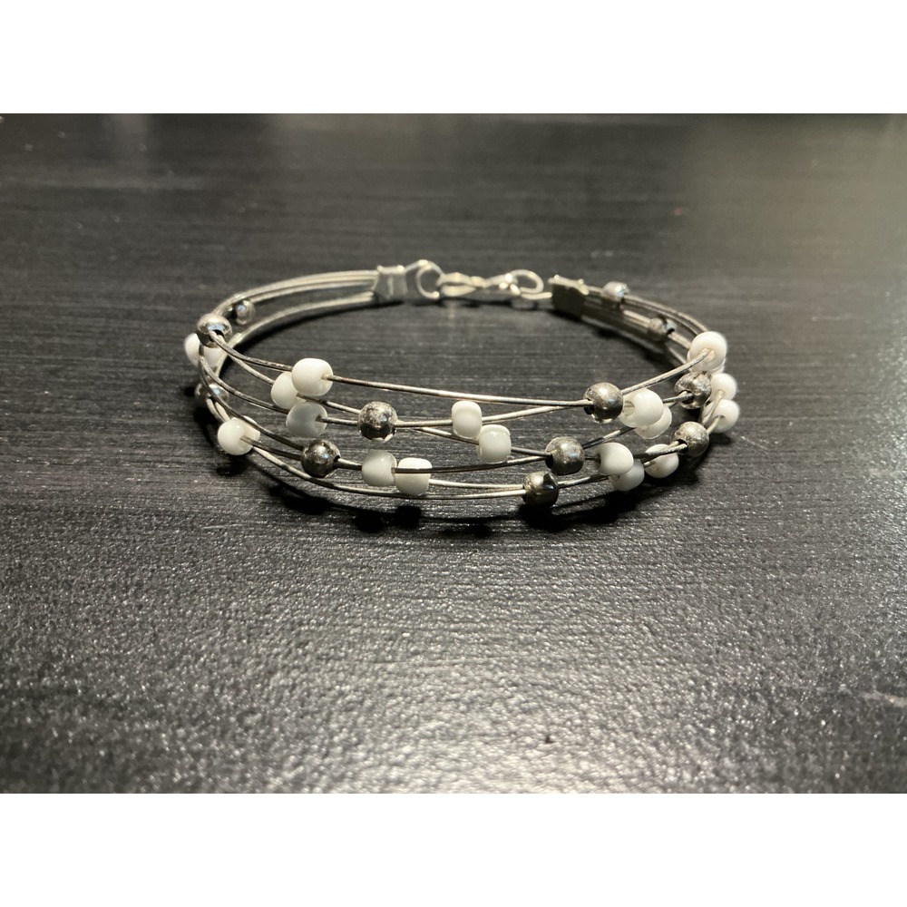 Silver Tone Multi Strand Wire Cuff Bracelet White Seed and Silver Beads Boho